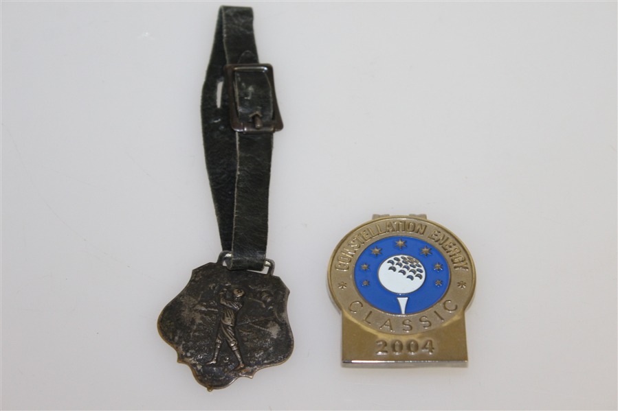 1962 PGA Golf Day Medal, Golf Tie Clip, 2004 Constellation Energy Clip, & Metal Golfer with Clasp