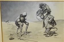 Ostrich And Lion In Suit Cartoon Pen & Ink Drawing-J S Pughe Drawing, December 29, 1900
