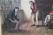 'The Last to Play' Print Signed by F. M. Bennett - Four Golfers Practicing Putting in a Pub 1930