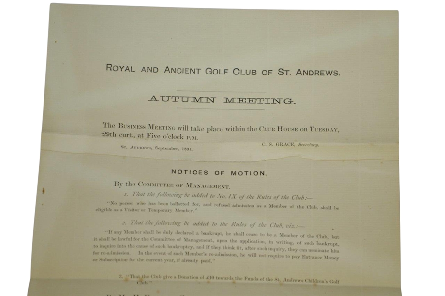 1891 Royal & Ancient Golf Club of St. Andrews Notice of Autumn Meeting - September