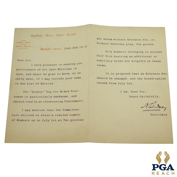 1899 Bushey Hall Golf Club Open Meetings to Entrants Letter - June 2nd