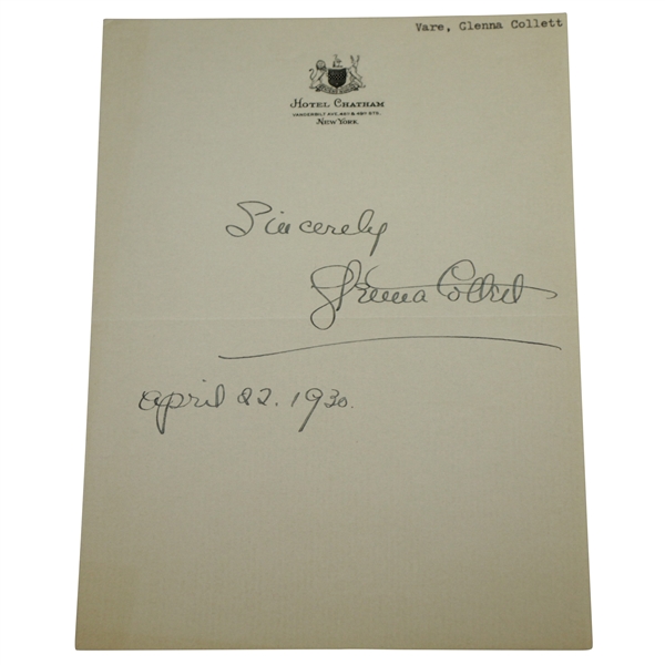 Glenna Collett Signed and Dated April 1930 Hotel Letterhead JSA ALOA