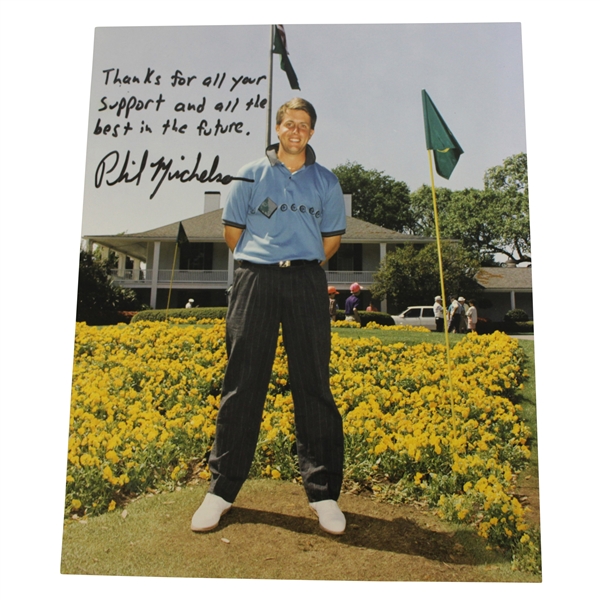 Phil Mickelson Signed 1991 Masters Low Am Clubhouse Photo w/ Early Sig & Insc JSA ALOA