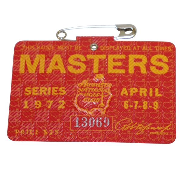 1972 Masters Tournament Series Badge #13069 - Jack Nicklaus Winner