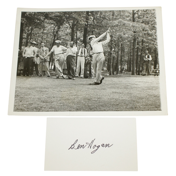Ben Hogan Signed Card w/ 1942 PGA Championship Following Through Wire Photo JSA ALOA