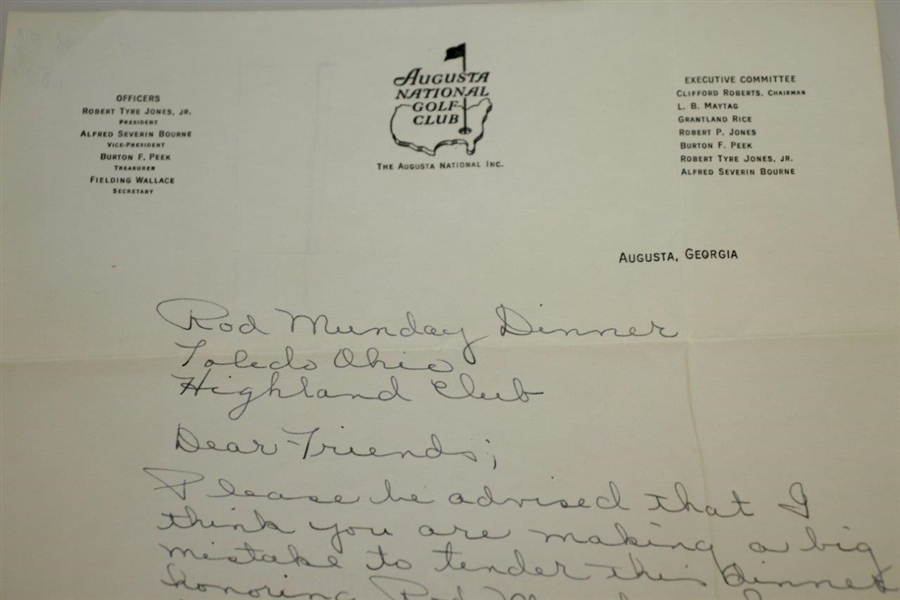 Paul Runyan Signed Augusta National Golf Club Letterhead Regarding Munday Dinner JSA ALOA