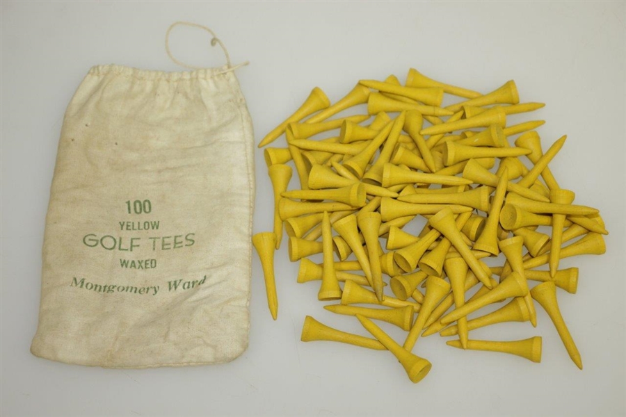Vintage Montgomery Ward 100 Waxed Yellow Golf Tees Canvas Tee Bag with Tees - Crist Collection