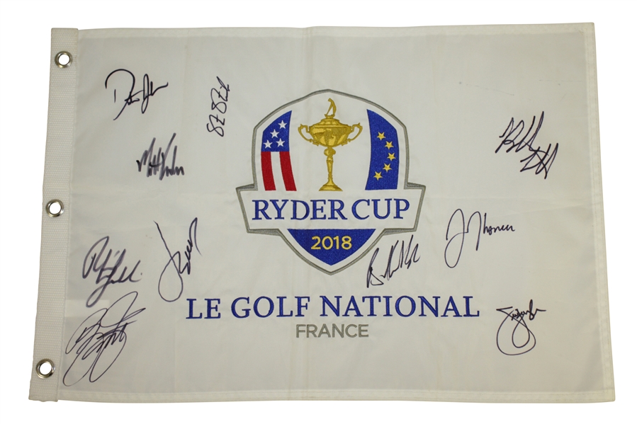 2018 Ryder Cup Le Golf National Flag Signed by Spieth, Fowler, Koepka & Mickelson Etc. JSA ALOA