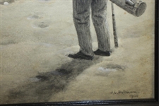 'In The Bunker' Hand Colored Pencil & Charcoal By JC Dollman Circa 1900