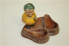 Vintage Wood Carved Caddy/Golfer with Dual Ashtray/Pipe Holders