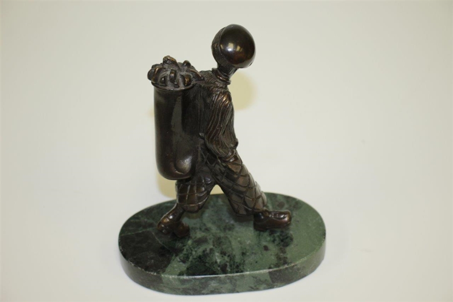 Classic Caddy Kid Sculpture with Golf Bag Over Shoulder on Marble Base