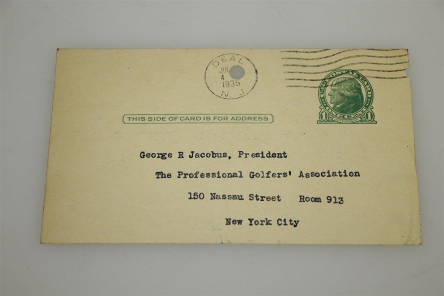 Craig Wood Signed 1935 Handwritten Card to PGA President George Jacobus JSA ALOA