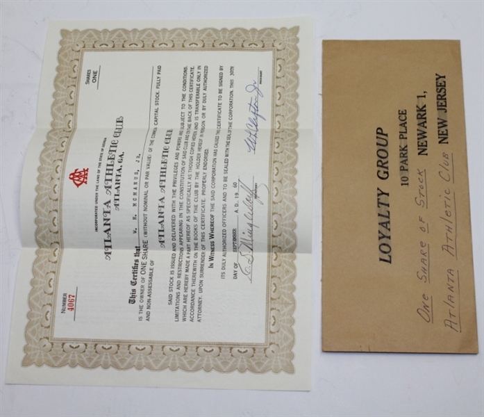 1960 Atlanta Athletic Club Member Stock Certificate #4067