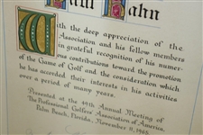 Paul Hahn's 1965 Lifetime Achievement Plaque Award Presented by the PGA Golf Writers