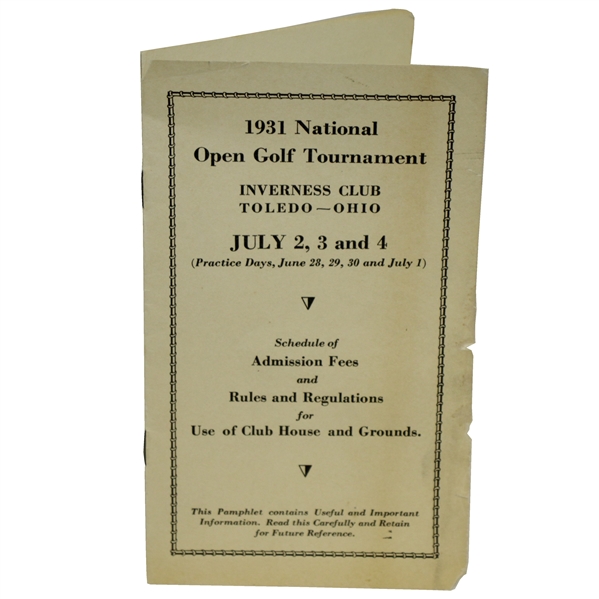 1931 National Open Golf Tournament at Inverness Club Rules & Regulations Pamphlet