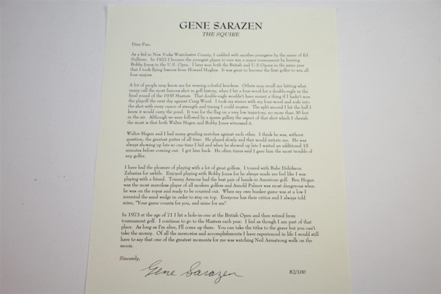 Gene Sarazen Signed 16x20 B&W Photo with 'Squire' & '1935' Notation JSA ALOA
