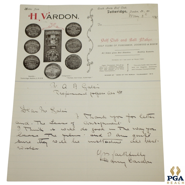 Harry Vardon Signed & Handwritten Note on Letterhead - May 8th, 1931 FULL JSA #BB52985