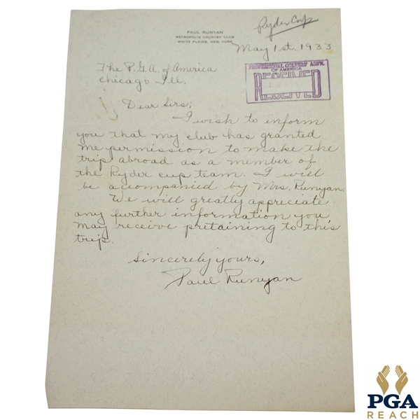 Paul Runyan Signed Handwritten 1933 Ryder Cup Letter Accepting Nomination to Team JSA ALOA