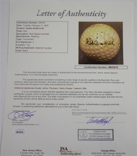 Horton Smith, Lawson Little, Jimmy Thomson, & Harry Cooper Signed Golf Ball JSA FULL #BB52878