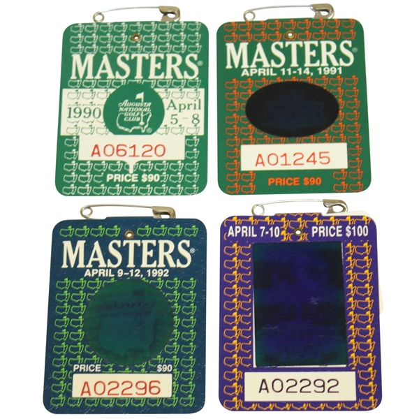 1990, 1991, 1992, & 1994 Masters Tournament Series Badges - Faldo, Woosnam, Couples, & Olazabal