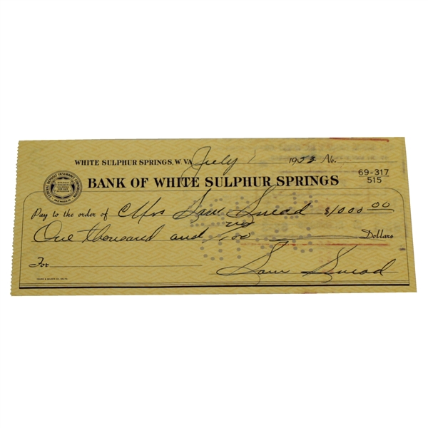 Sam Snead Signed 1953 Personal $1000 Check to His Wife JSA ALOA