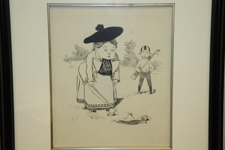 Circa 1900 Lady Golfer Cartoon Original Pen & Ink Drawing Signed by LMG