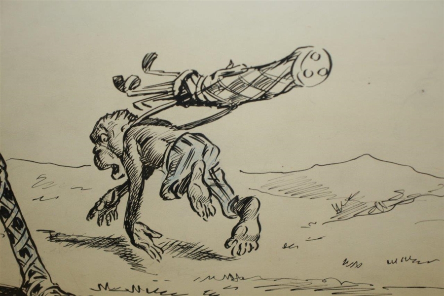 Circa 1901 Original Pen & Ink On Board Illustration of Ostrich, Snake & Monkey At 3rd Hole By J.S. Pughe