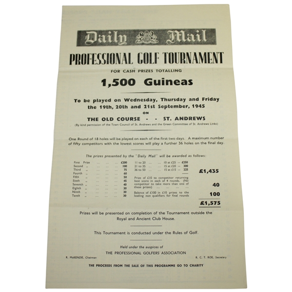 1945 'Daily Mail' Golf Tournament at Old Course St Andrews Advertising Flyer w/ Pairings
