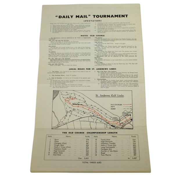 1945 'Daily Mail' Golf Tournament at Old Course St Andrews Advertising Flyer w/ Pairings