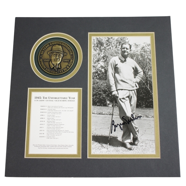 Byron Nelson Signed 1945: The Unforgettable Year Photo with Medal & Year Review JSA ALOA