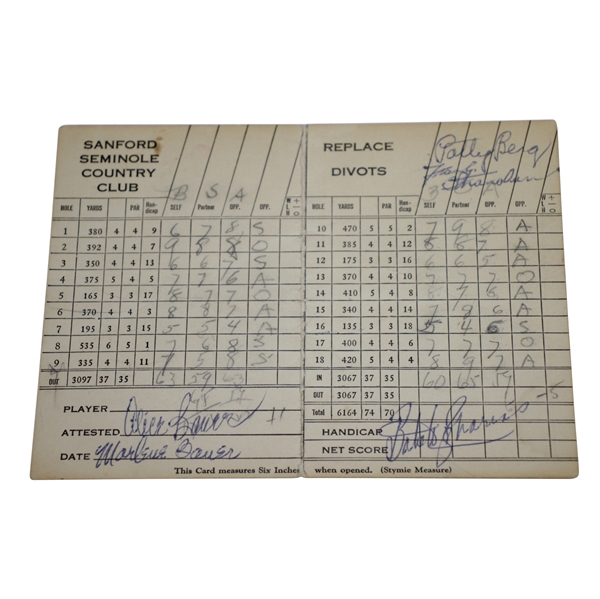  LPGA Founders Babe Zaharias, Patty Berg, Alice & Marlene Bauer Signed Sanford-Seminole Scorecard FULL JSA #Z97554