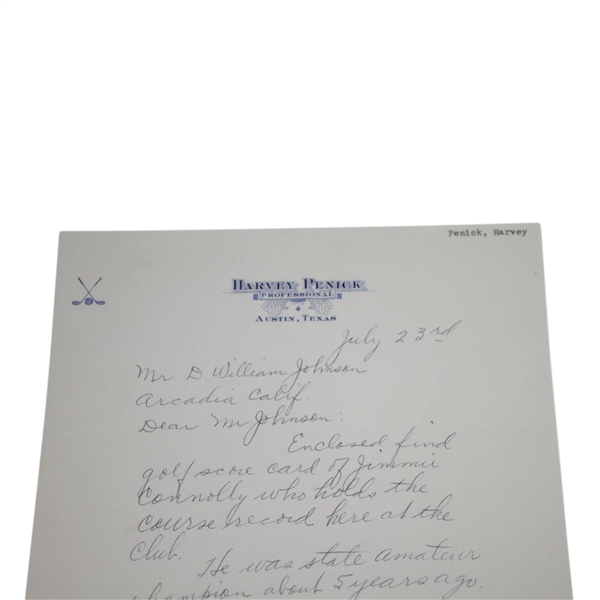 Harvey Penick Signed Handwritten Letter on Letterhead FULL JSA #Z97576