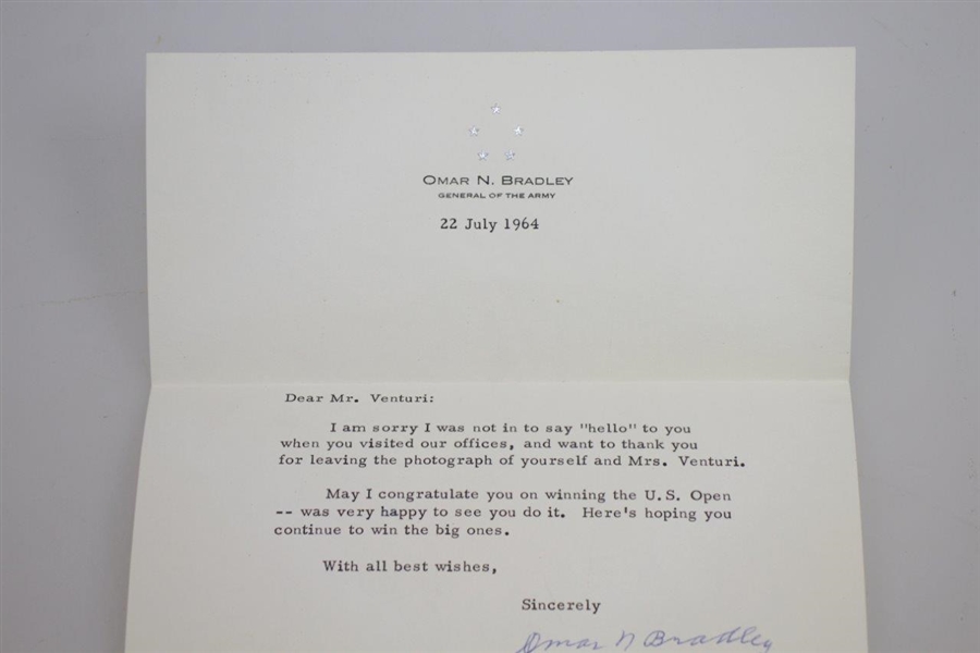 US Army General Omar N. Bradley Signed 7/22/64 Letter to Ken Venturi JSA ALOA
