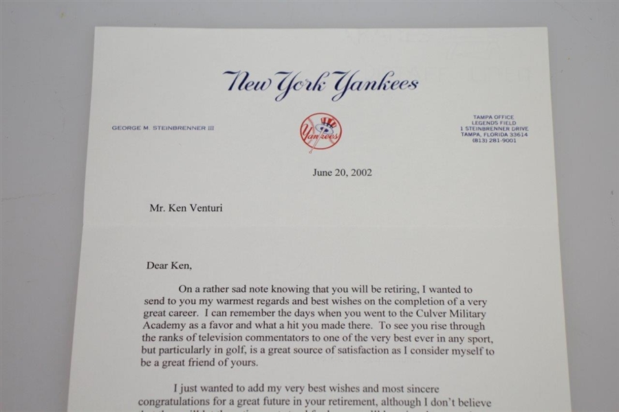 NY Yankee Owner George Steinbrenner Signed 6/20/02 Letter to Ken Venturi JSA ALOA