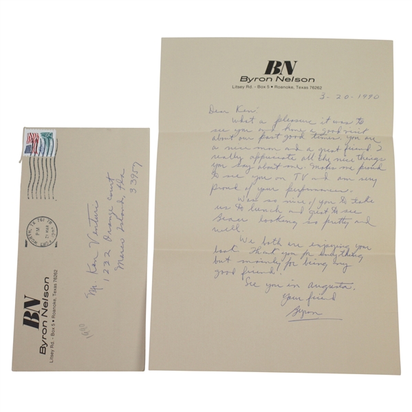 Byron Nelson Signed Hand-Written 3/20/90 Letter to Ken Venturi JSA ALOA