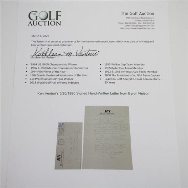 Byron Nelson Signed Hand-Written 3/20/90 Letter to Ken Venturi JSA ALOA