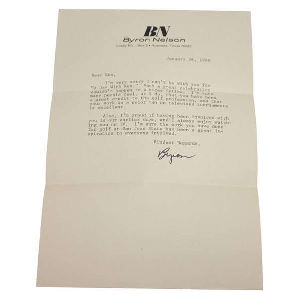 Byron Nelson Signed 1/26/88 Letter to Ken Venturi JSA ALOA