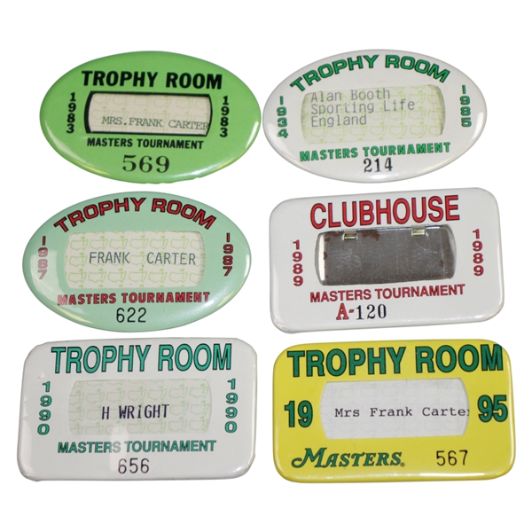 Five Official Masters Tournament Trophy Room Badges with 1989 Clubhouse Badge