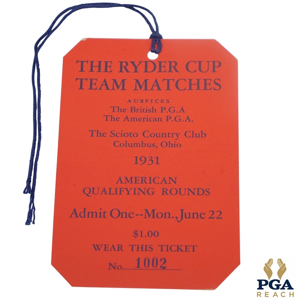 1931 Ryder Cup at The Scioto Country Club Monday Ticket #1002 - Excellent Condition