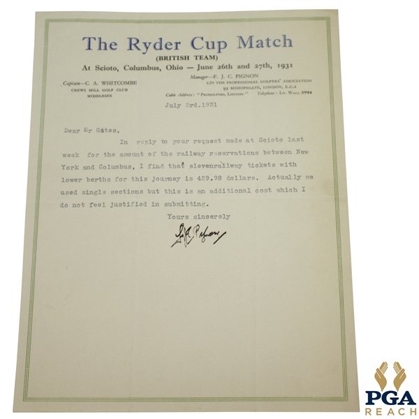 1931 British Ryder Cup Team Railway Tickets Reservations Sheet from PGA Manager F.J.C. Pignon