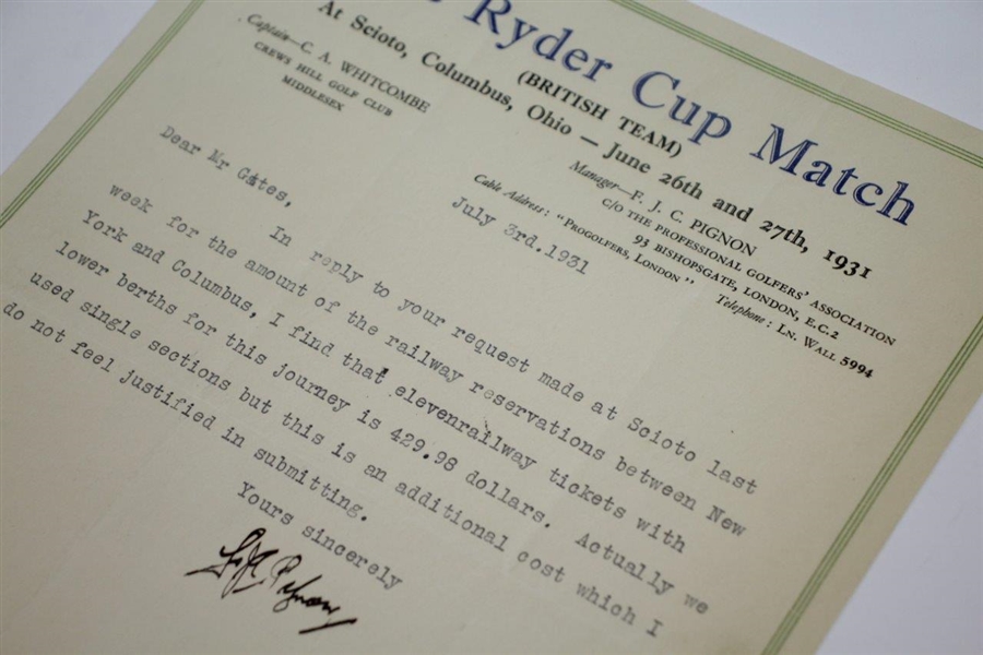 1931 British Ryder Cup Team Railway Tickets Reservations Sheet from PGA Manager F.J.C. Pignon