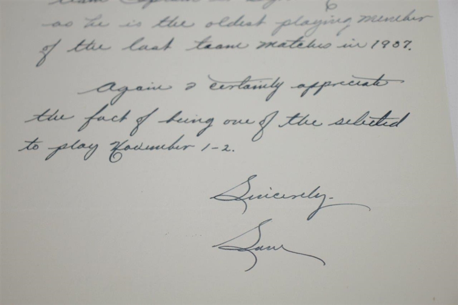 Sam Snead Signed Handwritten 1947 Ryder Cup Team Nomination Acceptance Letter JSA ALOA