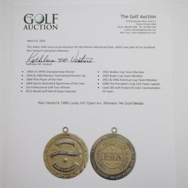 Ken Venturi's 1966 Lucky Int'l Open Inv. Winners 14k Gold Medal - Final PGA Win!