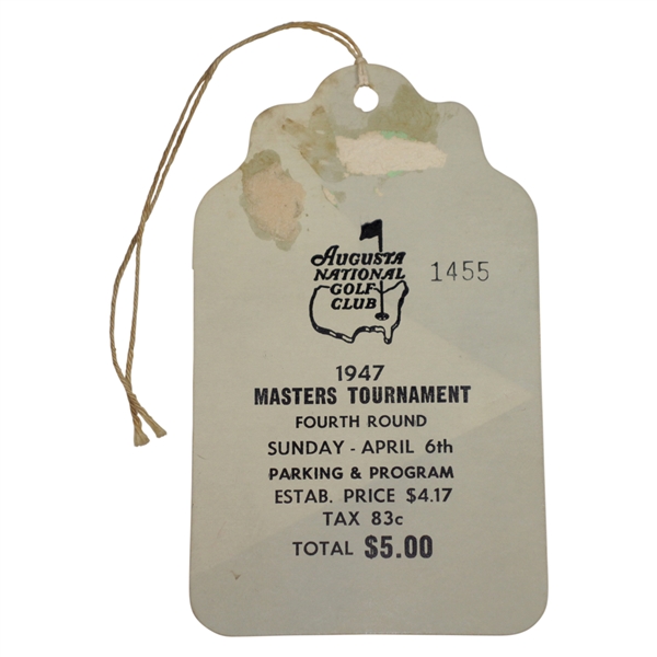 1947 Masters Tournament Fourth Rd Sunday Ticket #1455 with Original String