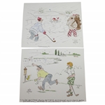 Two Original Hand Colored Jeff Keate Cartoons - Fall Through Ice & Throwing Driver in Lake