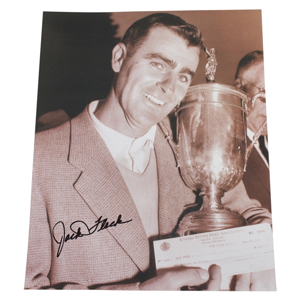 Jack Fleck Signed Photo with 1955 US Open Trophy & Check JSA ALOA