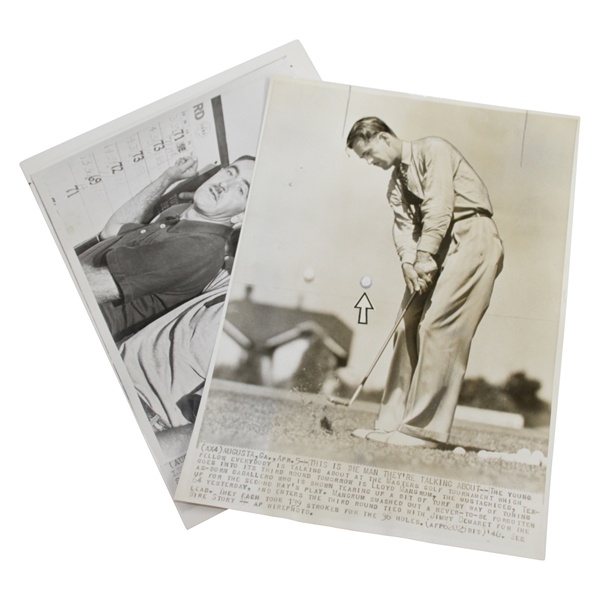 Two Lloyd Mangrum Original 1940's A.P. Wire Photos - Putting & Scoreboard