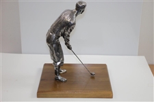 Large Silver Plated Golfer Figure Addressing Golf Ball on Wood Base - 14 Tall!