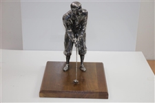 Large Silver Plated Golfer Figure Addressing Golf Ball on Wood Base - 14 Tall!
