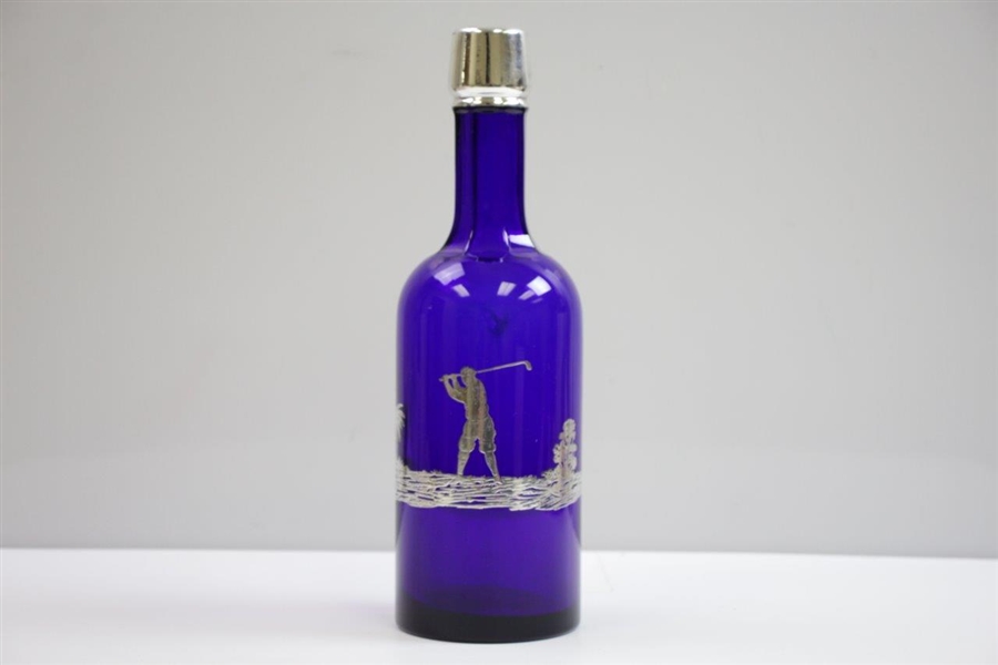 Cobalt Blue Glass Sterling Overlay Golf Themed Decanter